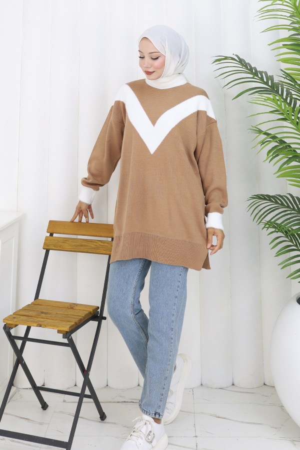 Desenli Triko Tunik S3017 Vizon