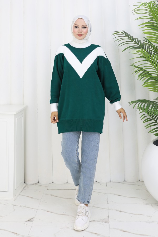 Desenli Triko Tunik S3017 Zümrüt Yeşili