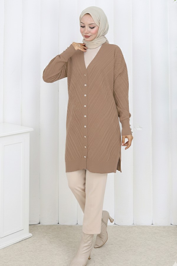 Desenli Uzun Merserize Hırka N3198 Camel