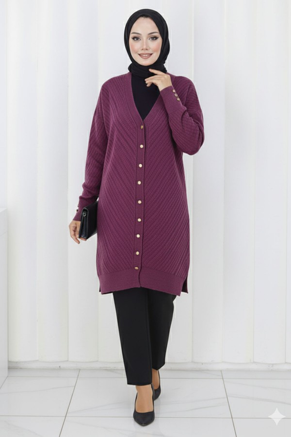 Desenli Uzun Merserize Hırka N3198 Fuşya