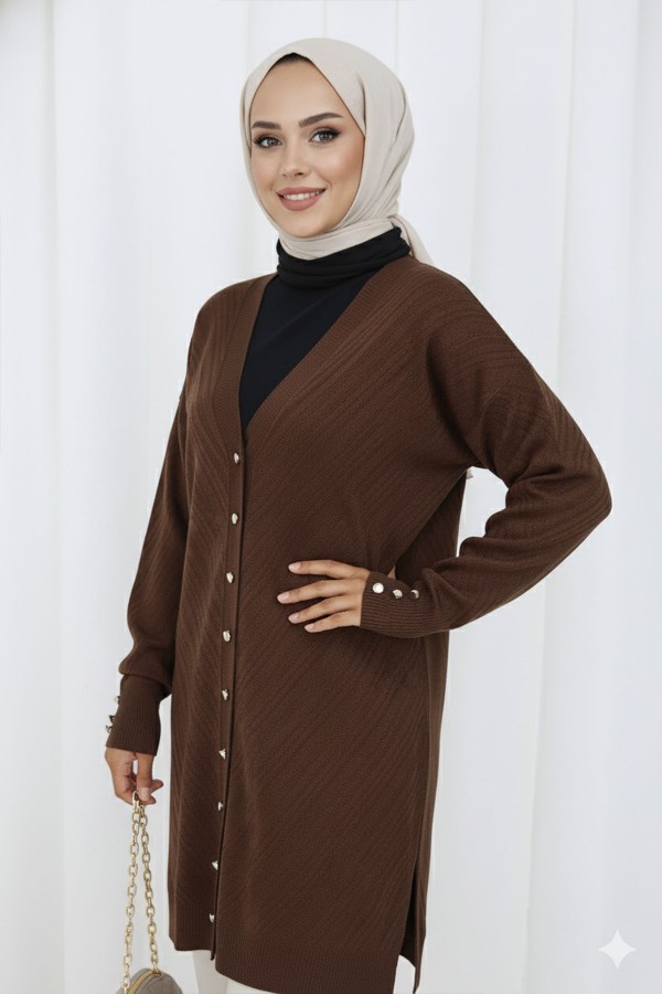 Desenli Uzun Merserize Hırka N3198 Kahverengi