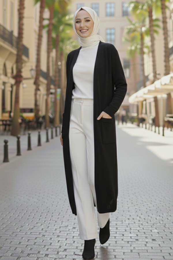 Cepli Uzun Triko Hırka R7145 Siyah Cepli Uzun Triko Hırka R7145 Siyah