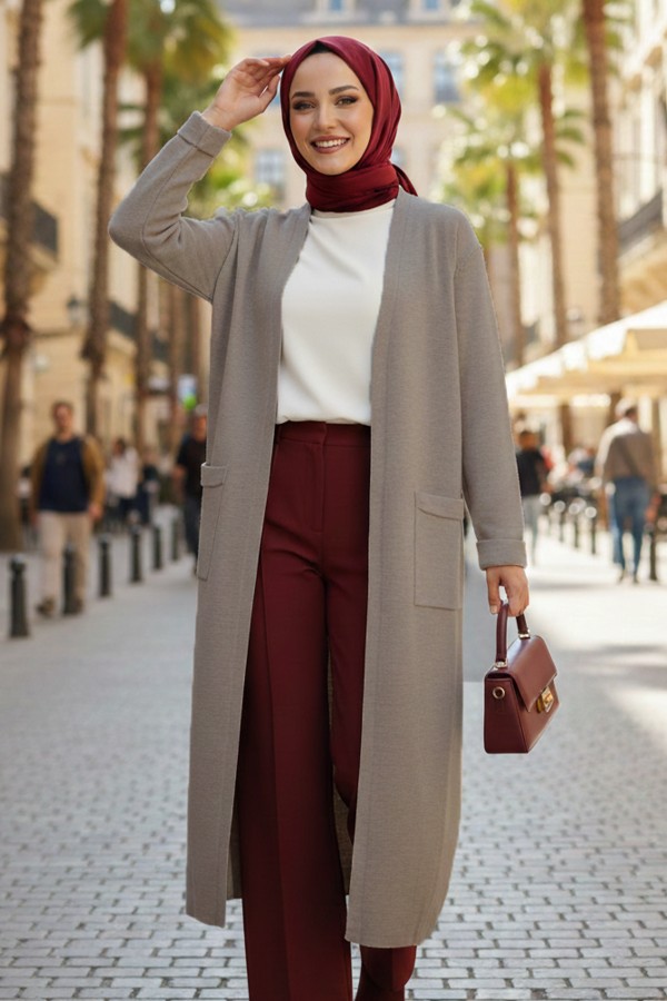 Cepli Uzun Triko Hırka R7145 Vizon Cepli Uzun Triko Hırka R7145 Vizon