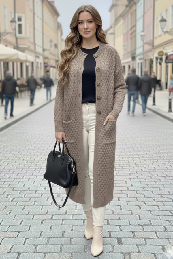 Cepli Desenli Uzun Triko Hırka R4278 Vizon Cepli Desenli Uzun Triko Hırka R4278 Vizon