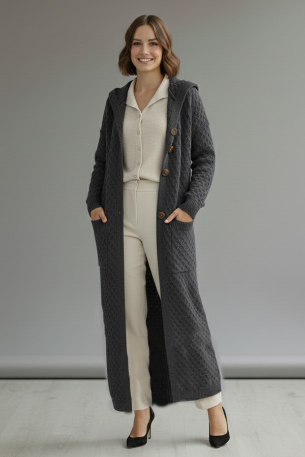 Kapşonlu Desenli Uzun Triko Hırka R4328 Antrasit Kapşonlu Desenli Uzun Triko Hırka R4328 Antrasit