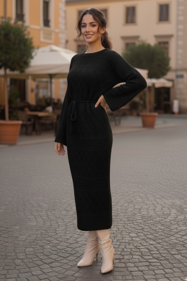 Baklava Desenli Fileli Triko Elbise R4454 Siyah Baklava Desenli Fileli Triko Elbise R4454 Siyah