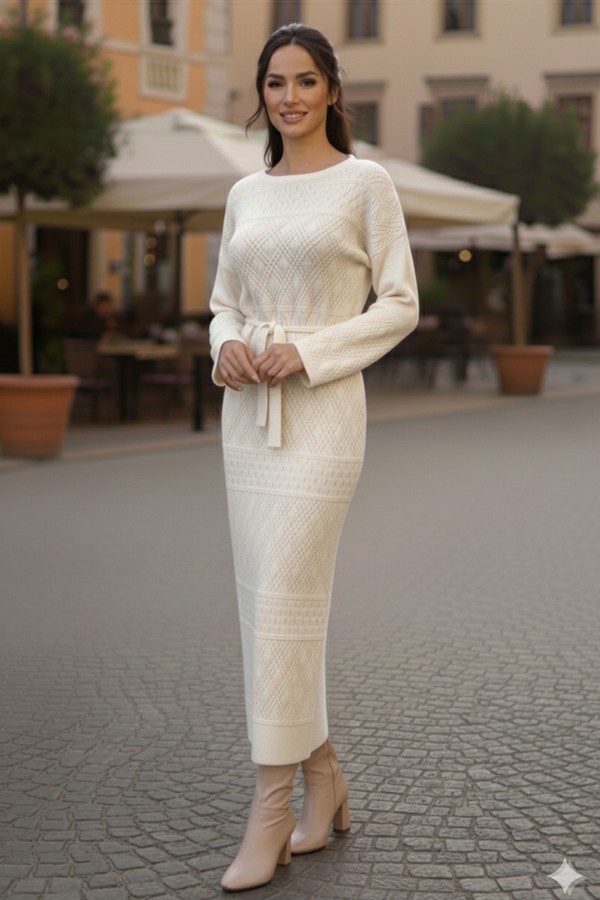 Baklava Desenli Fileli Triko Elbise R4454 Taş Rengi Baklava Desenli Fileli Triko Elbise R4454 Taş Rengi