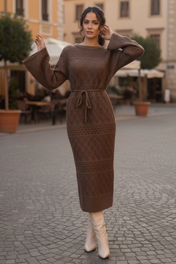 Baklava Desenli Fileli Triko Elbise R4454 Vizon Baklava Desenli Fileli Triko Elbise R4454 Vizon