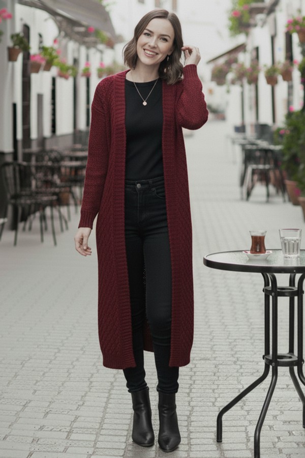 Örgü Desenli Uzun Triko Hırka R4251 Bordo