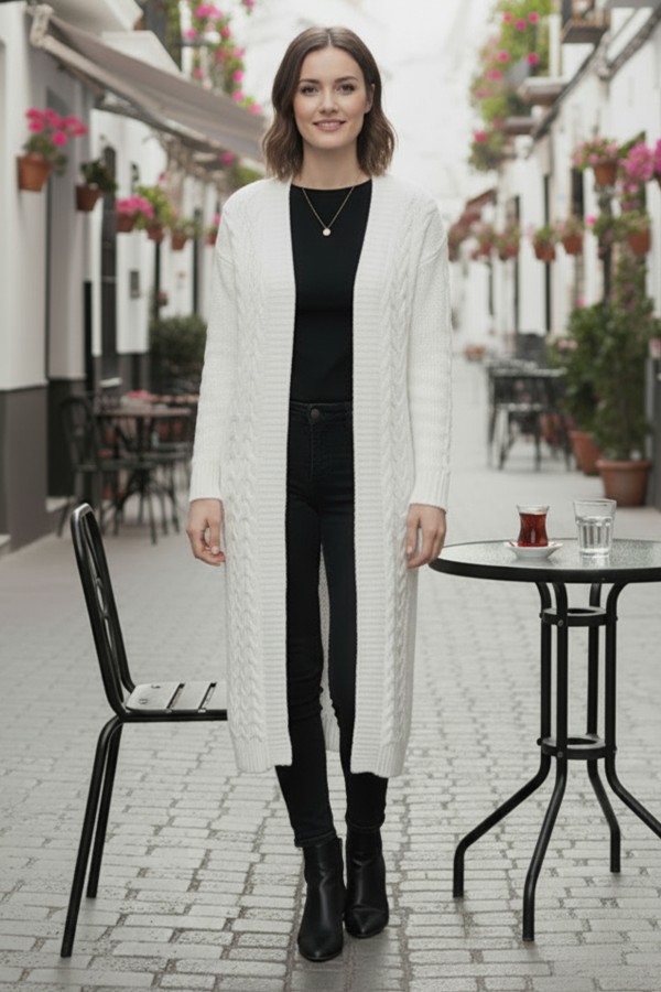 Örgü Desenli Uzun Triko Hırka R4251 Ekru