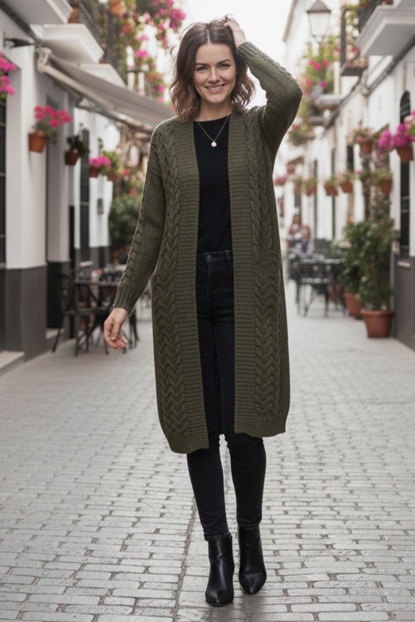 Örgü Desenli Uzun Triko Hırka R4251 Haki