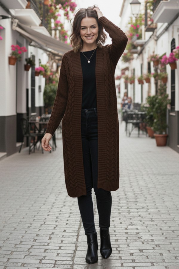 Örgü Desenli Uzun Triko Hırka R4251 Kahverengi