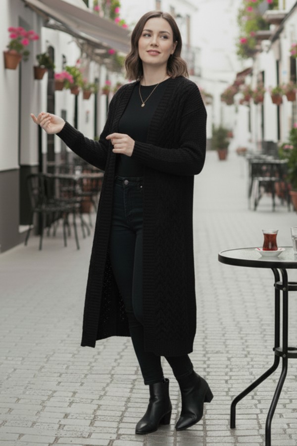 Örgü Desenli Uzun Triko Hırka R4251 Siyah