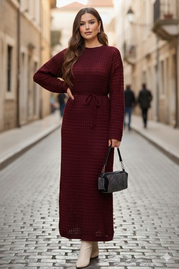 Palmiye Fileli Triko Elbise R4448 Kırmızı Palmiye Fileli Triko Elbise R4448 Kırmızı