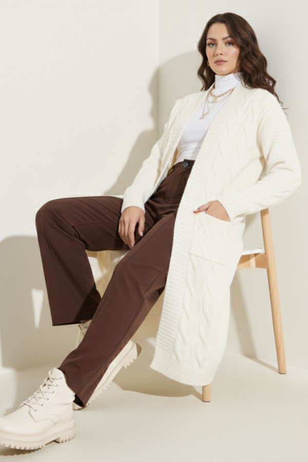 Örgü Desenli Uzun Triko Hırka R2817 Ekru