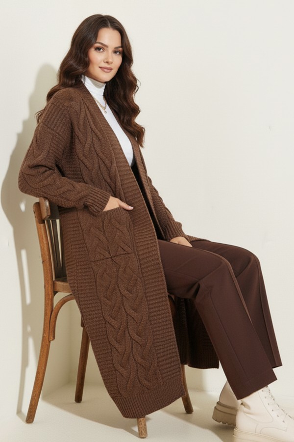 Örgü Desenli Uzun Triko Hırka R2817 Kahverengi