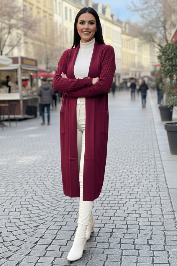 Kolu Düğmeli Fitilli Triko Hırka R7146 Bordo Kolu Düğmeli Fitilli Triko Hırka R7146 Bordo