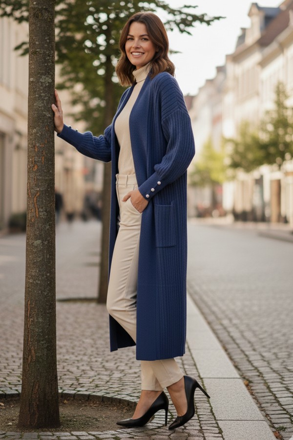 Kolu Düğmeli Fitilli Triko Hırka R7146 İndigo Kolu Düğmeli Fitilli Triko Hırka R7146 İndigo