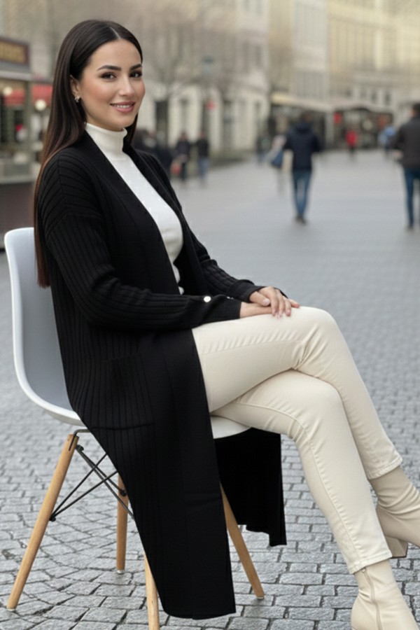 Kolu Düğmeli Fitilli Triko Hırka R7146 Siyah Kolu Düğmeli Fitilli Triko Hırka R7146 Siyah