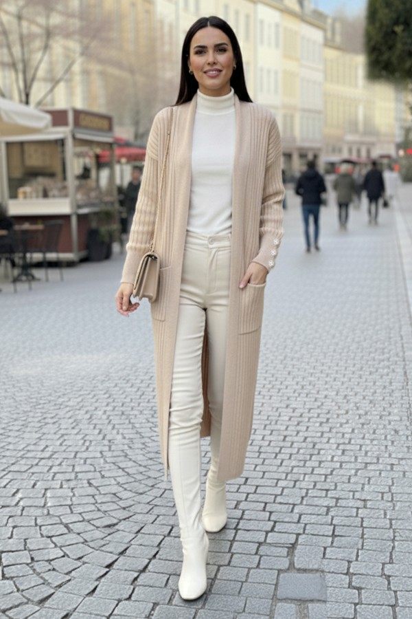 Kolu Düğmeli Fitilli Triko Hırka R7146 Taş Rengi Kolu Düğmeli Fitilli Triko Hırka R7146 Taş Rengi