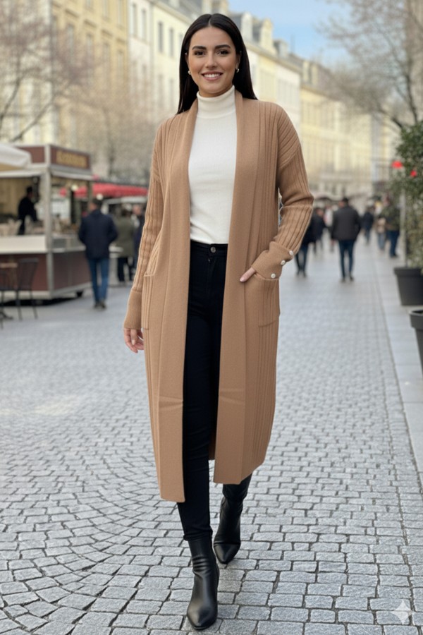 Kolu Düğmeli Fitilli Triko Hırka R7146 Vizon Kolu Düğmeli Fitilli Triko Hırka R7146 Vizon