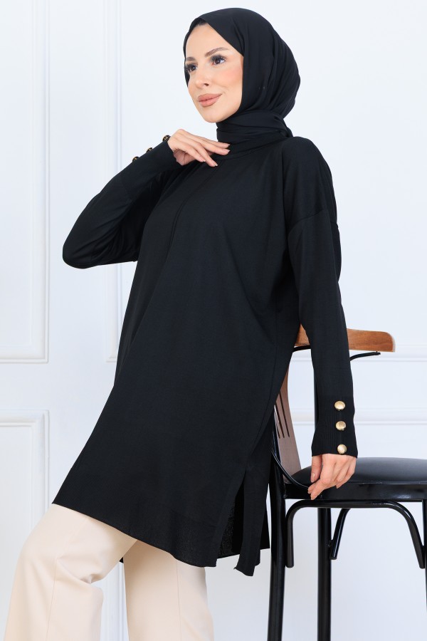 Kolu Düğmeli Triko Tunik N7005 Siyah Kolu Düğmeli Triko Tunik N7005 Siyah