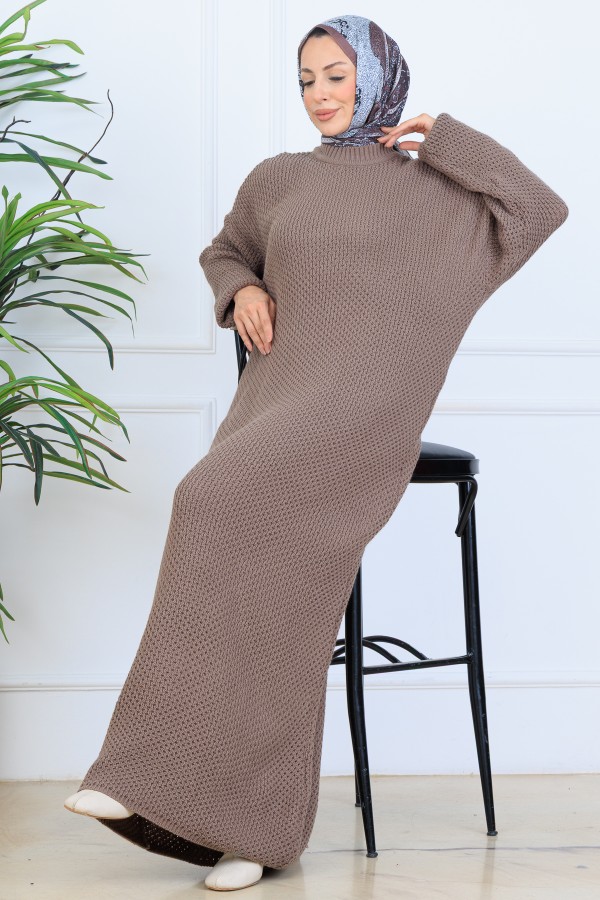 Örgülü Triko Elbise N7074 Vizon