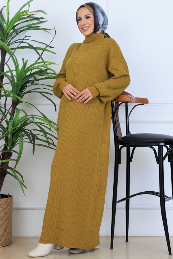 Fitilli Triko Elbise N7080 Yağ Yeşili Fitilli Triko Elbise N7080 Yağ Yeşili