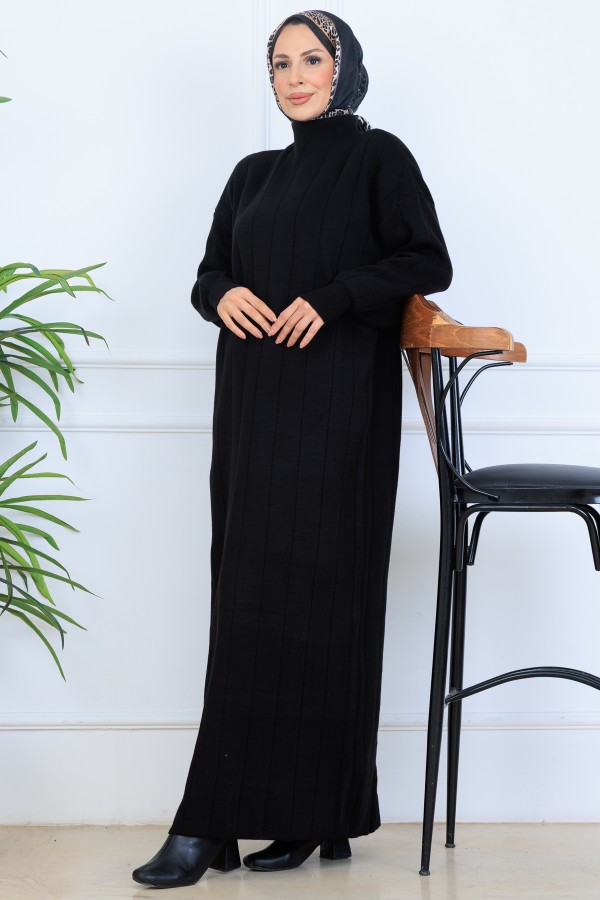 Fitilli Triko Elbise N7085 Siyah Fitilli Triko Elbise N7085 Siyah