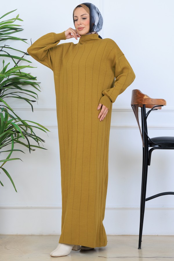 Fitilli Triko Elbise N7085 Yağ Yeşili Fitilli Triko Elbise N7085 Yağ Yeşili