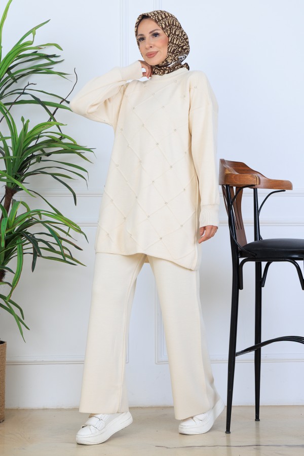 Taşlı Triko Takım N7067 Taş Rengi