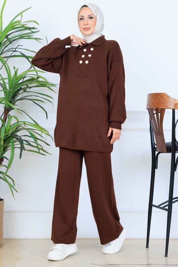 Düğme Detaylı Triko Takım N7064 Kahverengi