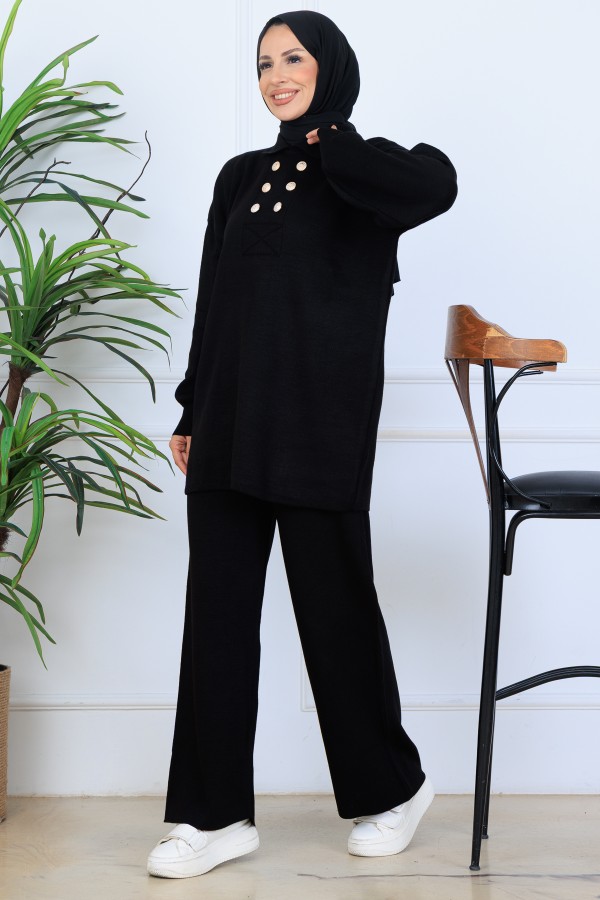 Düğme Detaylı Triko Takım N7064 Siyah