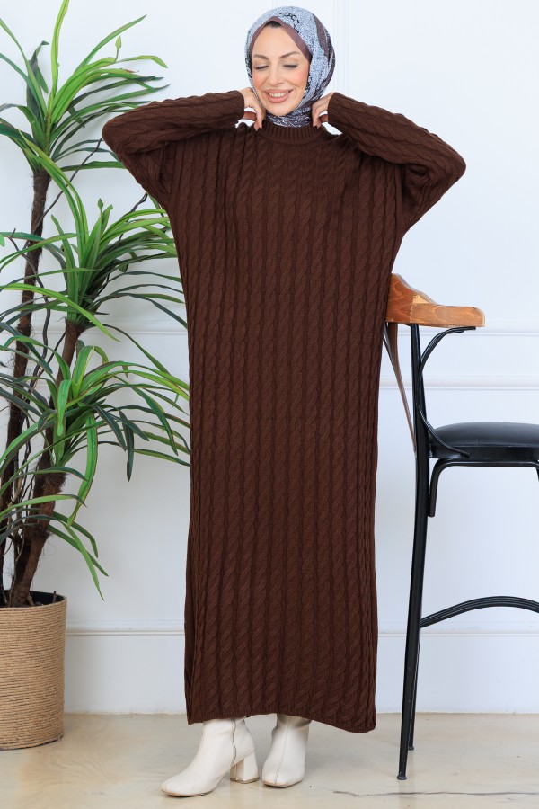 Örgü Desenli Triko Elbise N7082 Kahverengi