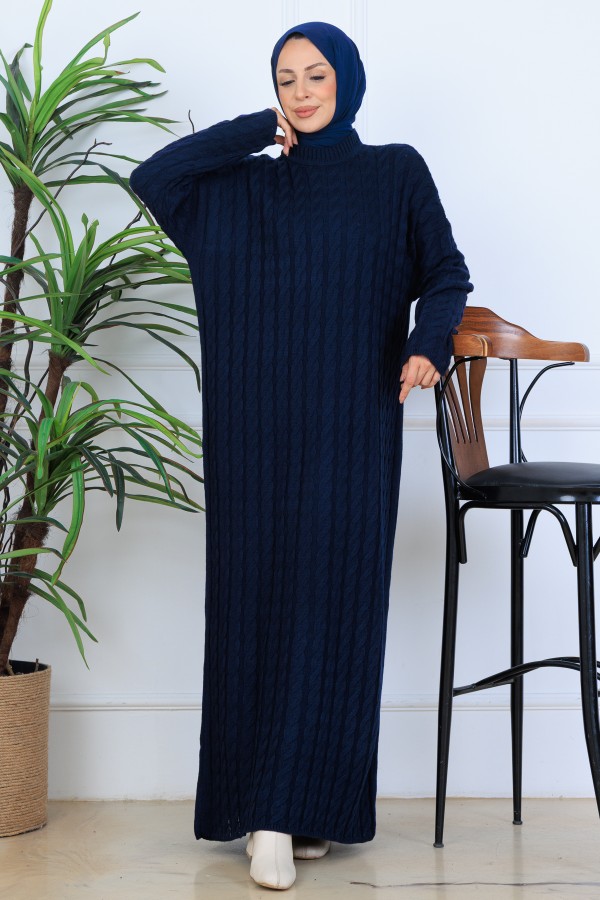 Örgü Desenli Triko Elbise N7082 Lacivert