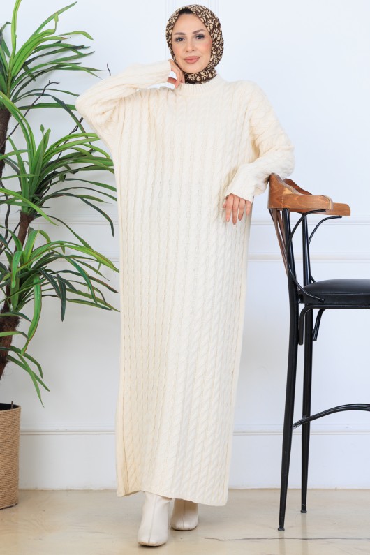 Örgü Desenli Triko Elbise N7082 Taş Rengi