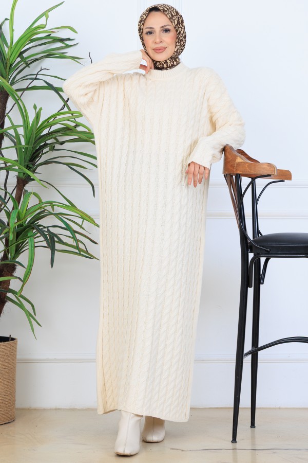 Örgü Desenli Triko Elbise N7082 Taş Rengi