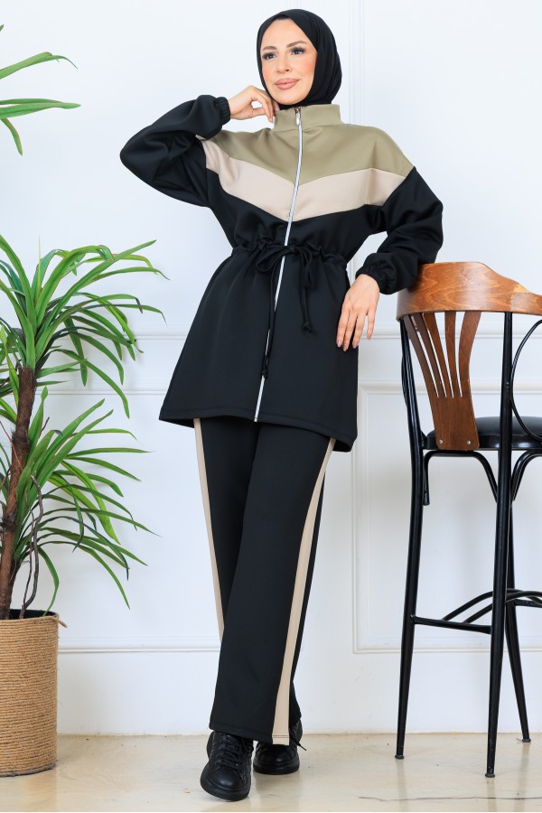 Beli Büzgülü Kemerli Scuba Takım N5349 Siyah