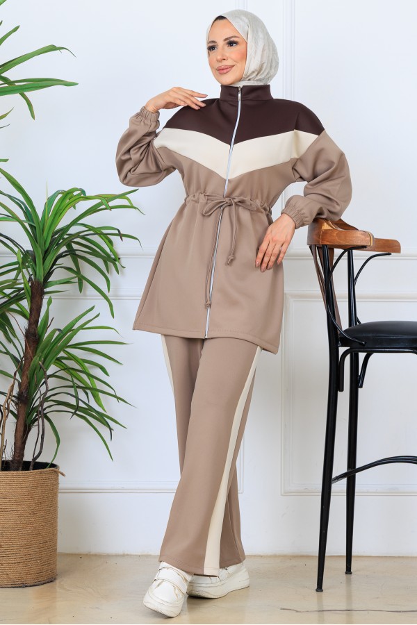 Beli Büzgülü Kemerli Scuba Takım N5349 Vizon