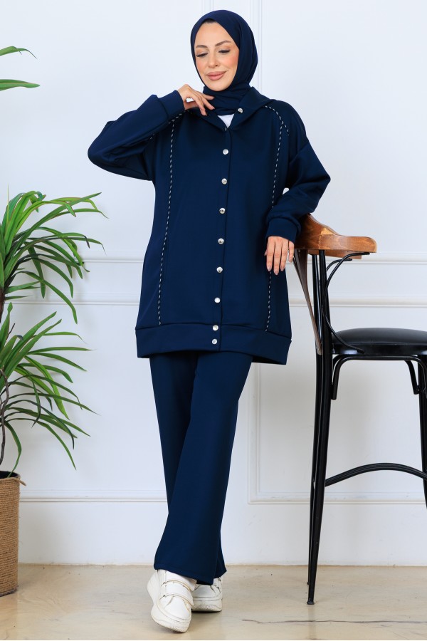 Kapüşonlu Düğmeli Scuba Takım N5393 Lacivert