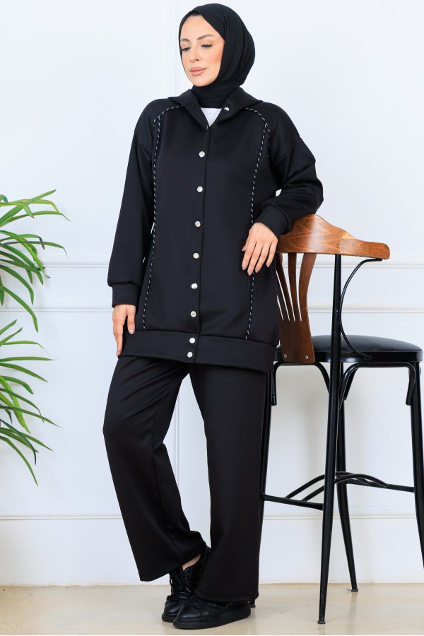 Kapüşonlu Düğmeli Scuba Takım N5393 Siyah