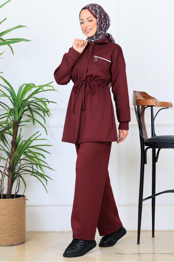 Beli Büzgülü Fermuarlı Scuba Takım N5329 Bordo