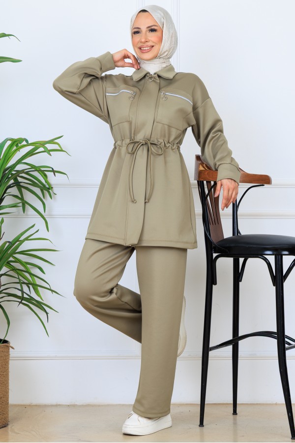 Beli Büzgülü Fermuarlı Scuba Takım N5329 Çağla