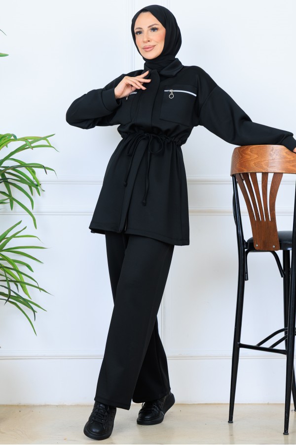 Beli Büzgülü Fermuarlı Scuba Takım N5329 Siyah