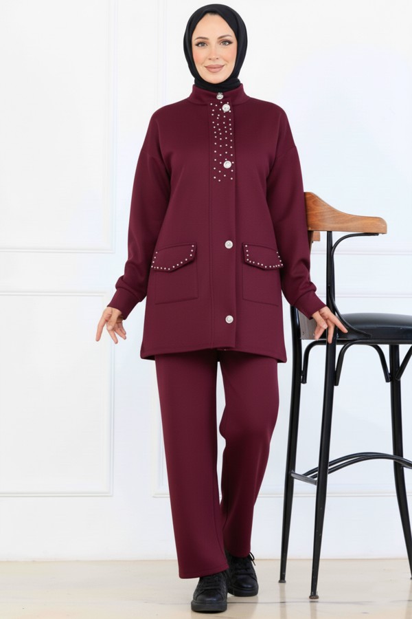 Boncuk Detaylı Scuba İkili Takım N5334 Bordo