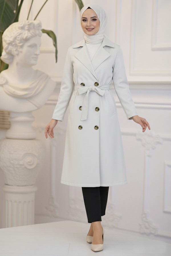 5853 Tesettür Trençkot Taş Rengi