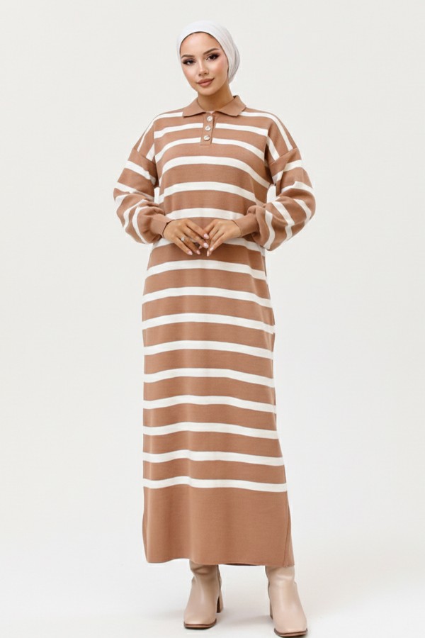 Yakası Düğme Detaylı Çizgili Triko Elbise 11031-1 Vizon Yakası Düğme Detaylı Çizgili Triko Elbise 11031-1 Vizon
