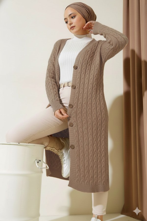 377 Düğmeli Uzun Triko Hırka Vizon