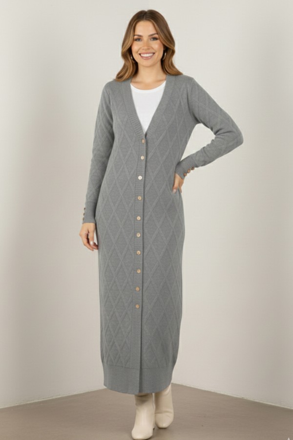 Desenli Uzun Merserize Hırka N3295 Gri