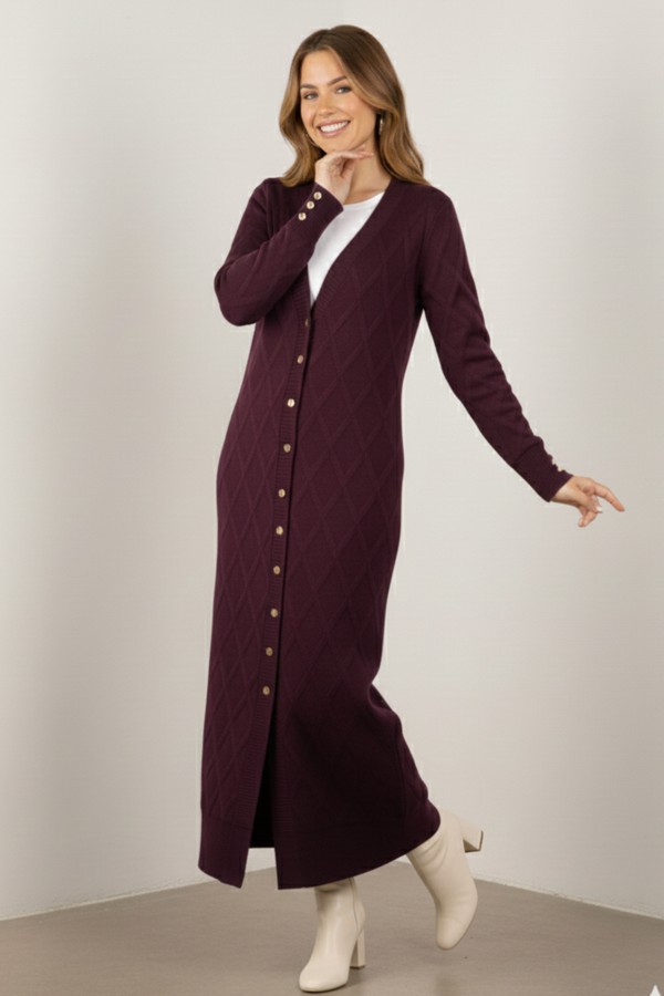 Desenli Uzun Merserize Hırka N3295 Mürdüm